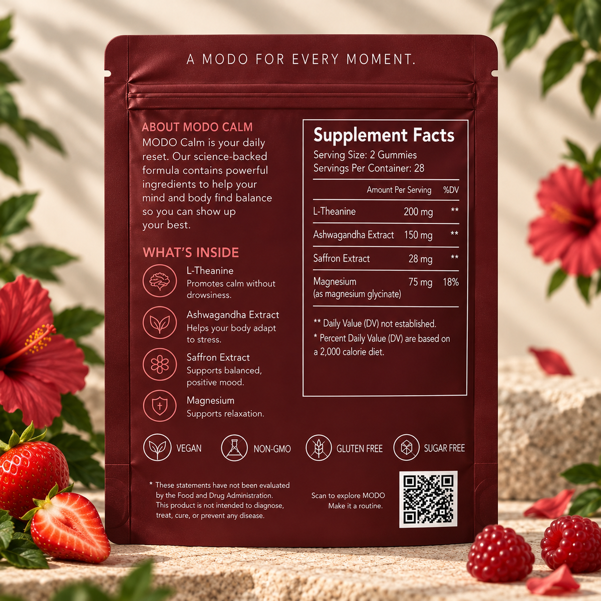 MODO Calm pouch, back — Supplement Facts and what is inside