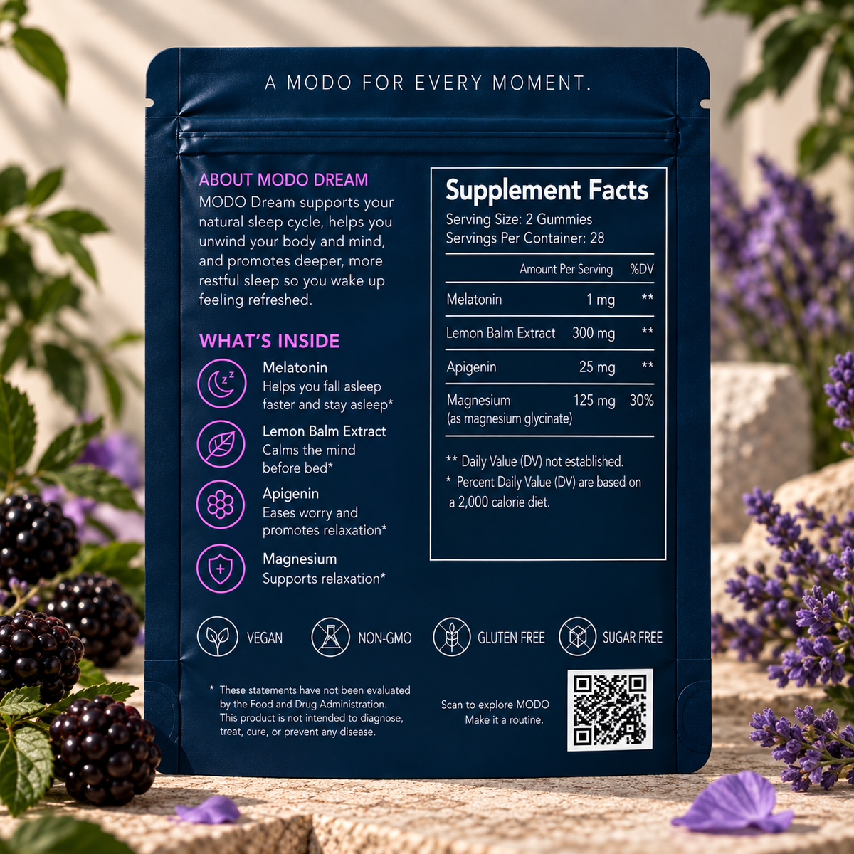 MODO Dream pouch, back — Supplement Facts and what is inside