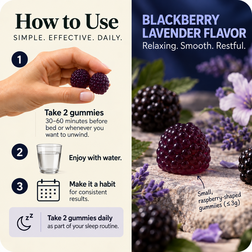 How to use MODO Dream — take 2 blackberry lavender gummies 30–60 minutes before bed, with water
