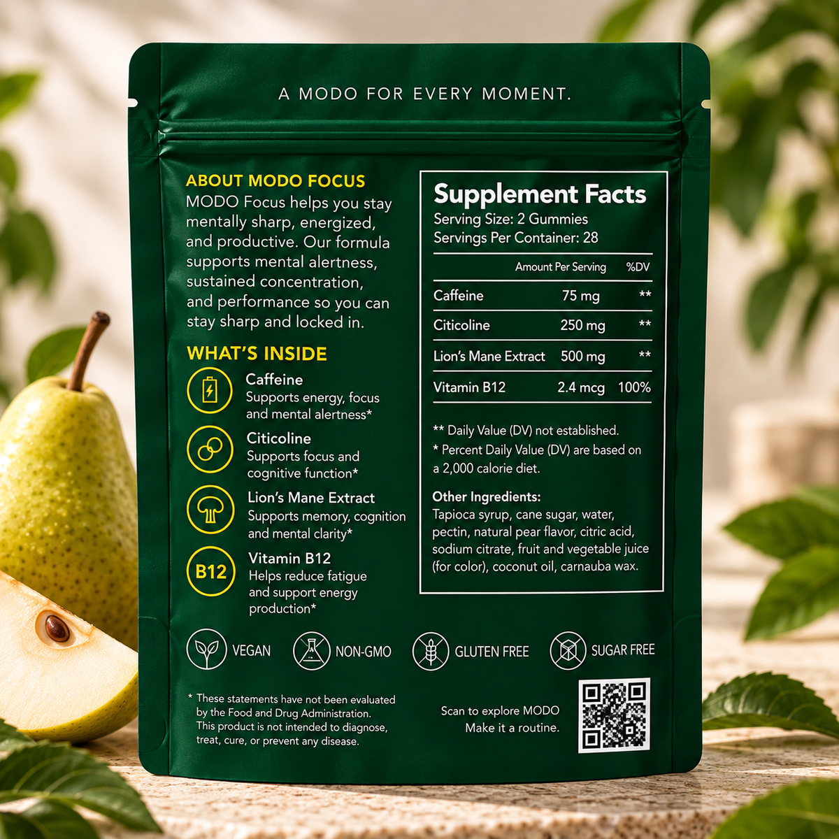 MODO Focus pouch, back — Supplement Facts, what is inside and the full ingredient list