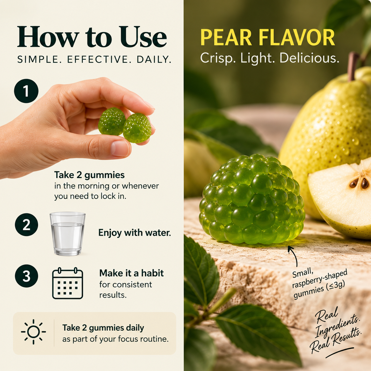 How to use MODO Focus — take 2 pear-flavour gummies in the morning, with water, daily