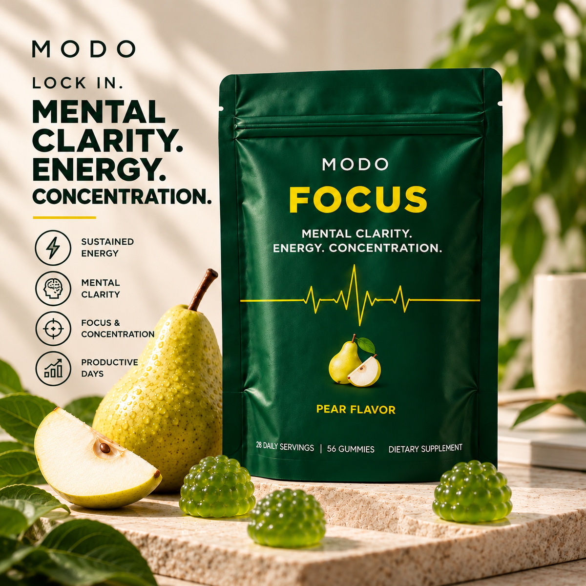 MODO Focus pouch with fresh pear and gummies — sustained energy, mental clarity, focus and concentration